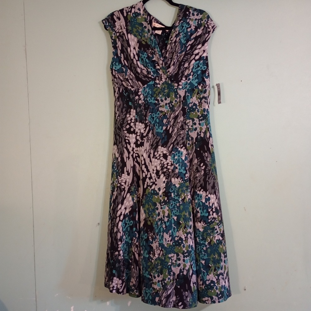 AA Studio AA Womens  Abstract Print V-Neck Sleeveless Midi Dress Teal Green NWT